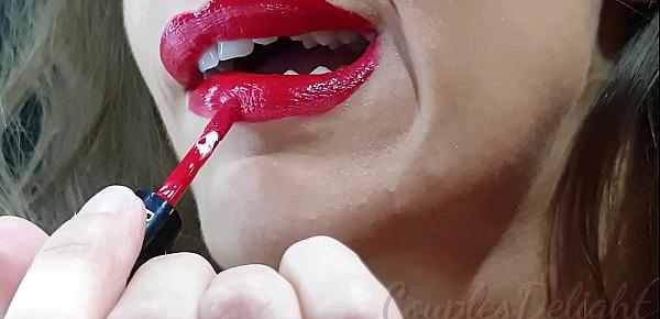  100 Natural Big Lipped skinny wife applying long lasting red lipstick, sucking and deepthroating my cock untill she receives a creamy reward - couplesdelight